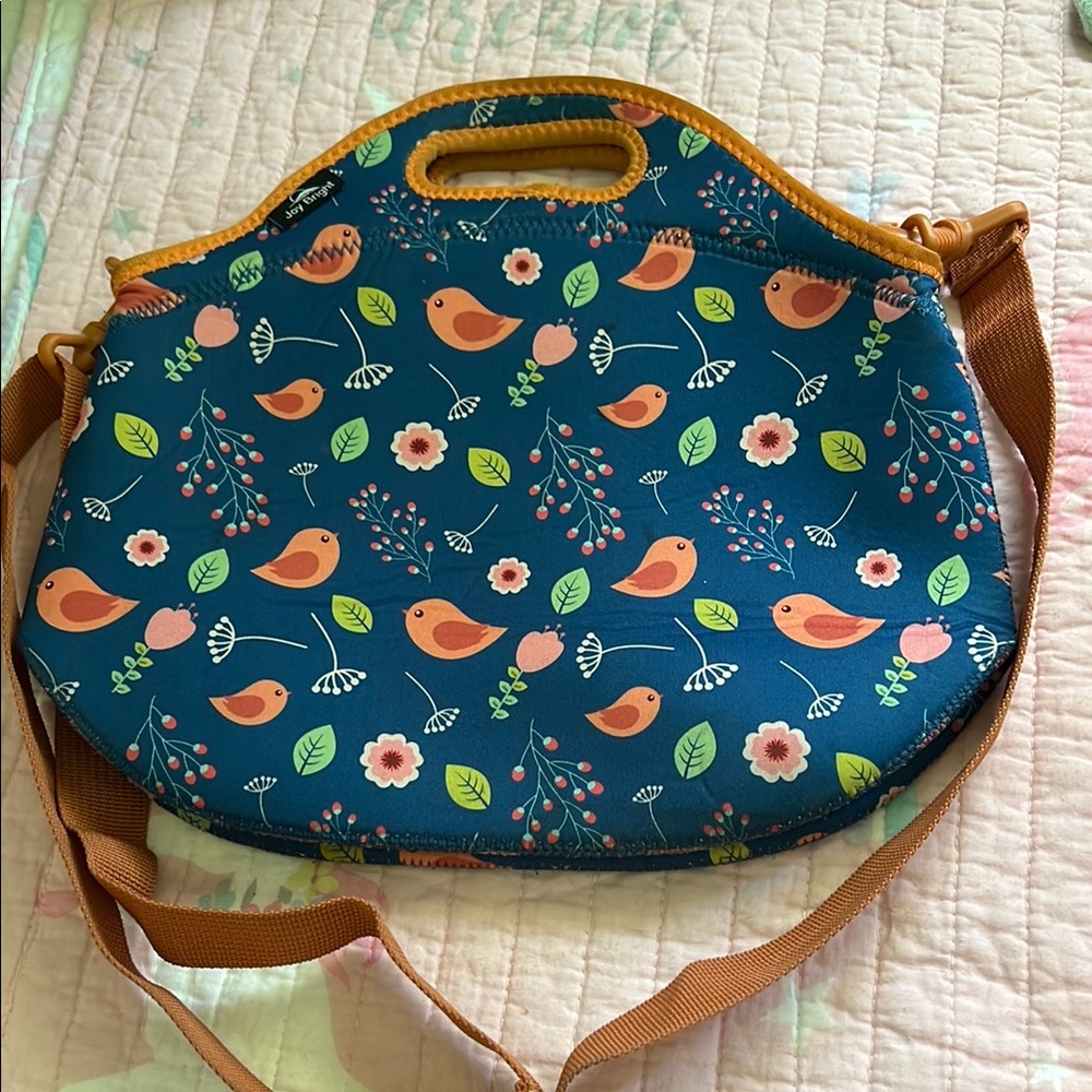 Blue and Orange Tote Bag with Playful Bird Pattern